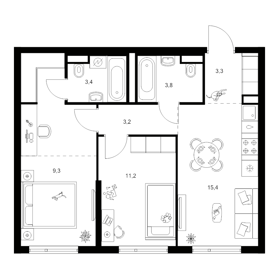 3 ккв (Евро) 57,6 м²