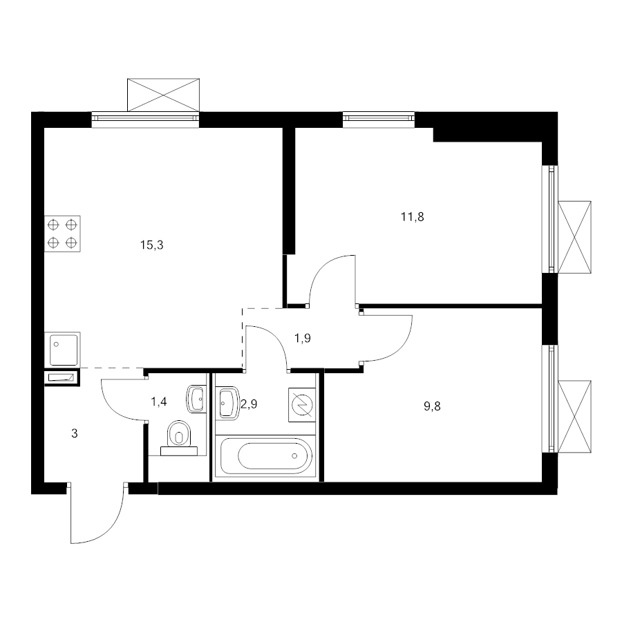 3 ккв (Евро) 45,3 м²