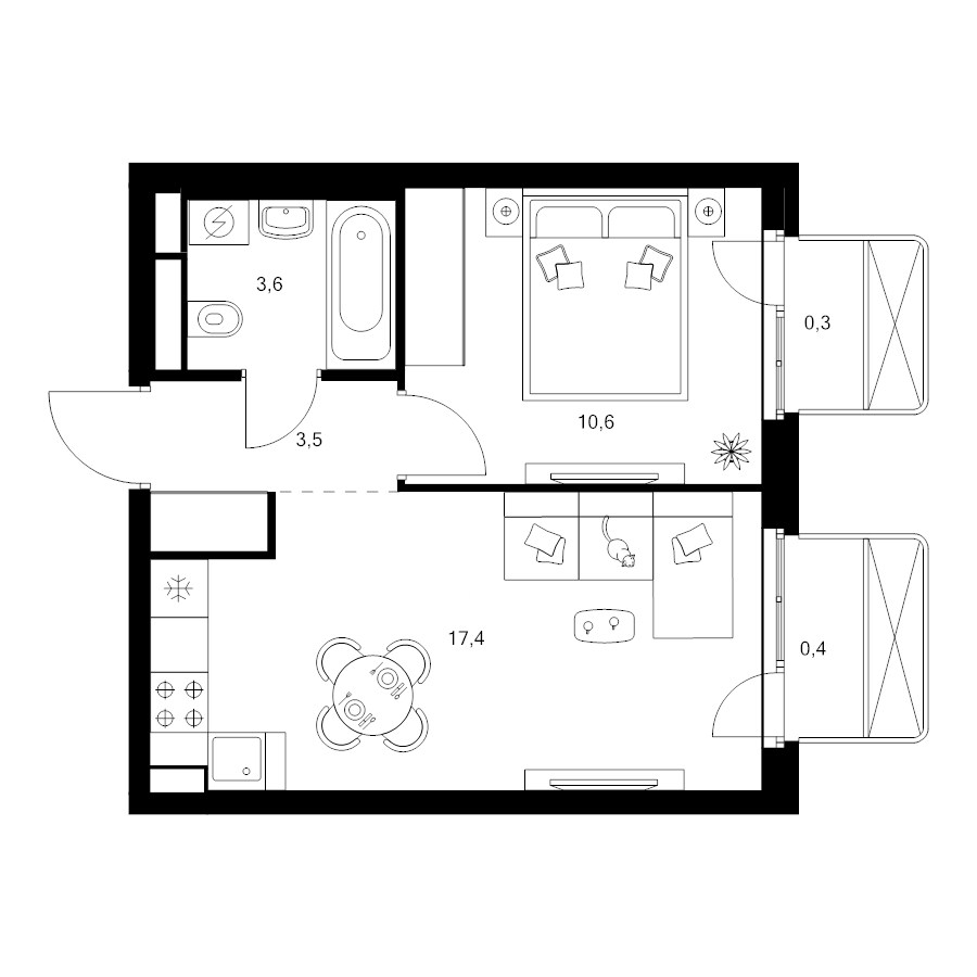 2 ккв (Евро) 35,8 м²