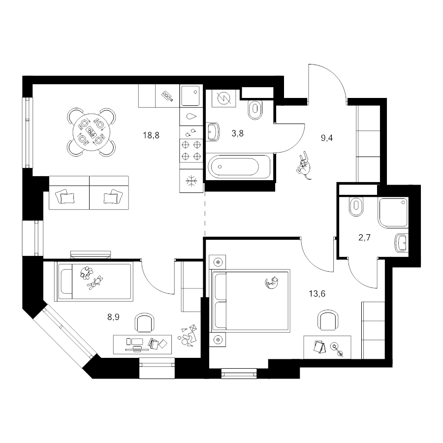3 ккв (Евро) 57,2 м²