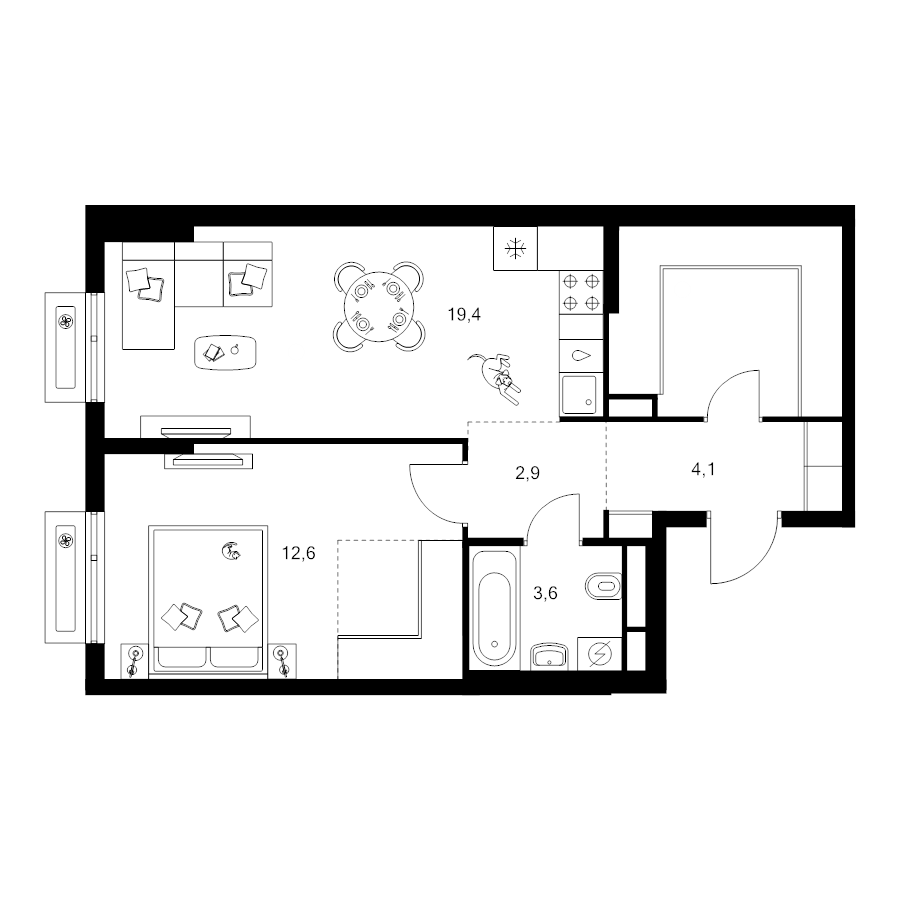 2 ккв (Евро) 53,8 м²