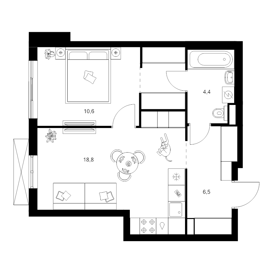 2 ккв (Евро) 43,9 м²