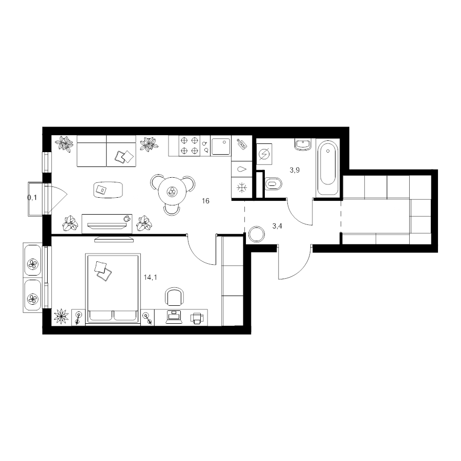 2 ккв (Евро) 42,5 м²