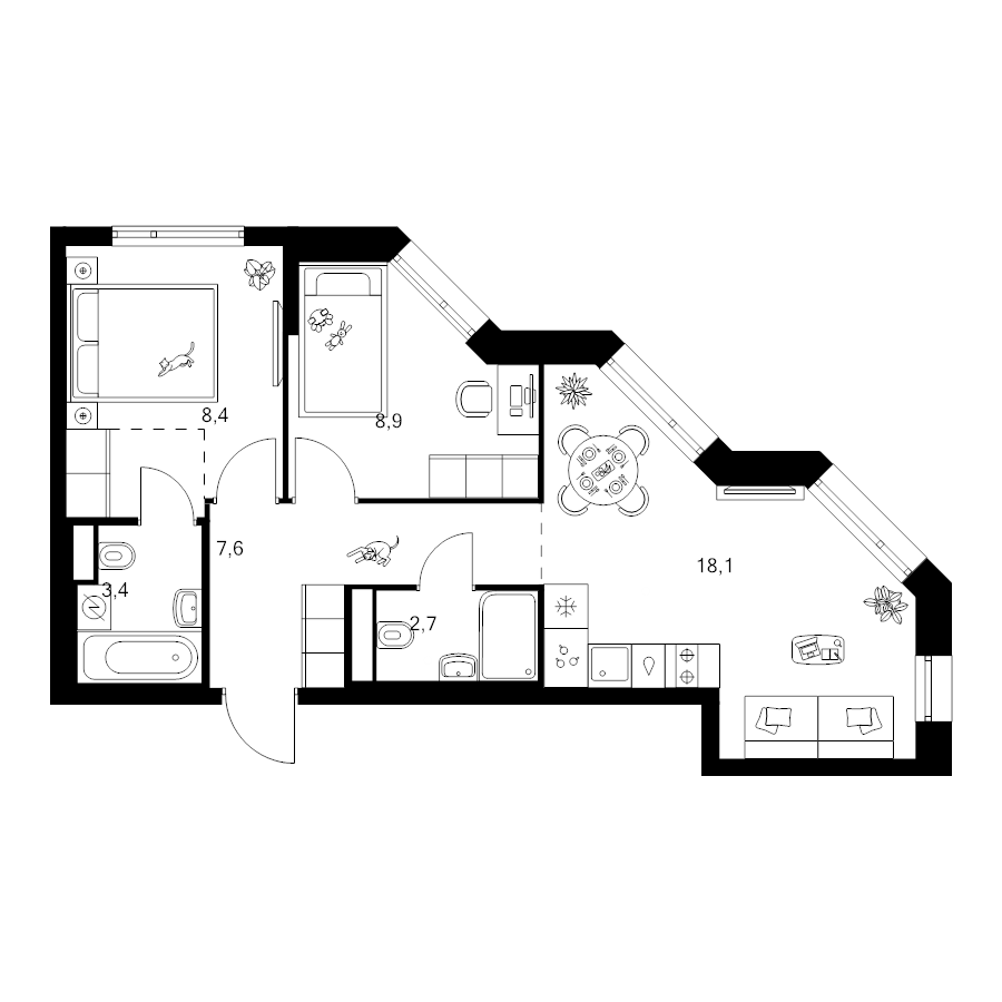 3 ккв (Евро) 51,4 м²