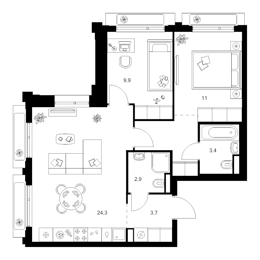 3 ккв (Евро) 60,1 м²