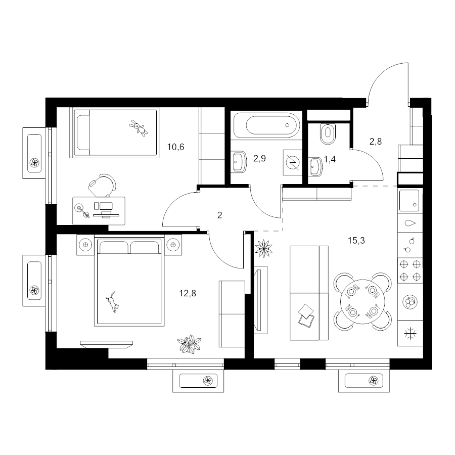 3 ккв (Евро) 47,8 м²