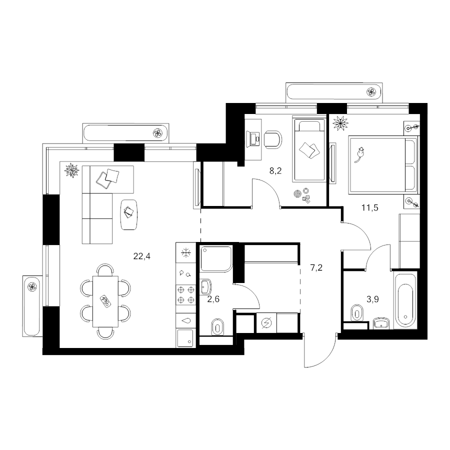 3 ккв (Евро) 60 м²