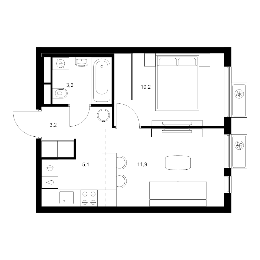 2 ккв (Евро) 34 м²