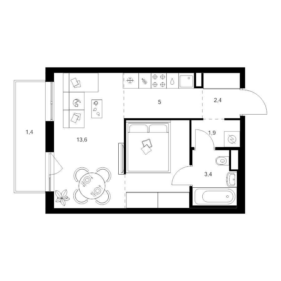 1 ккв 35,7 м²