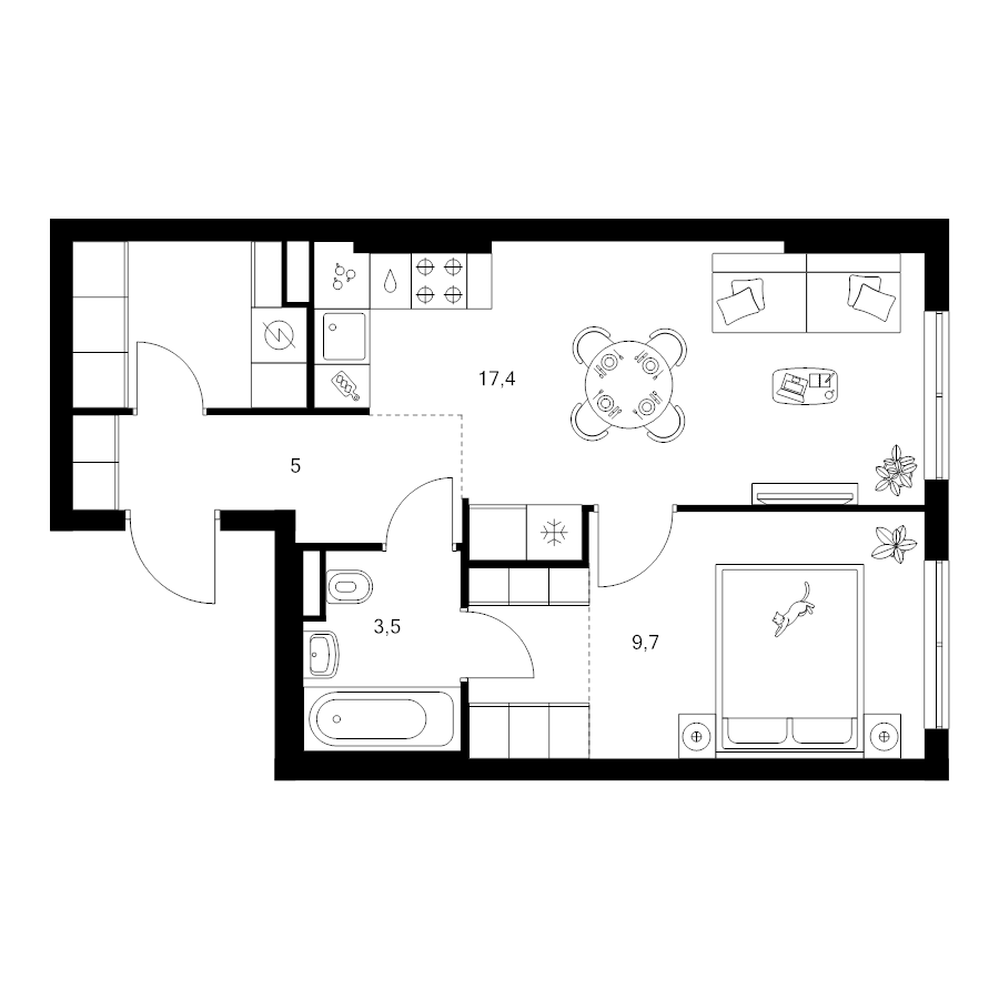2 ккв (Евро) 42,6 м²