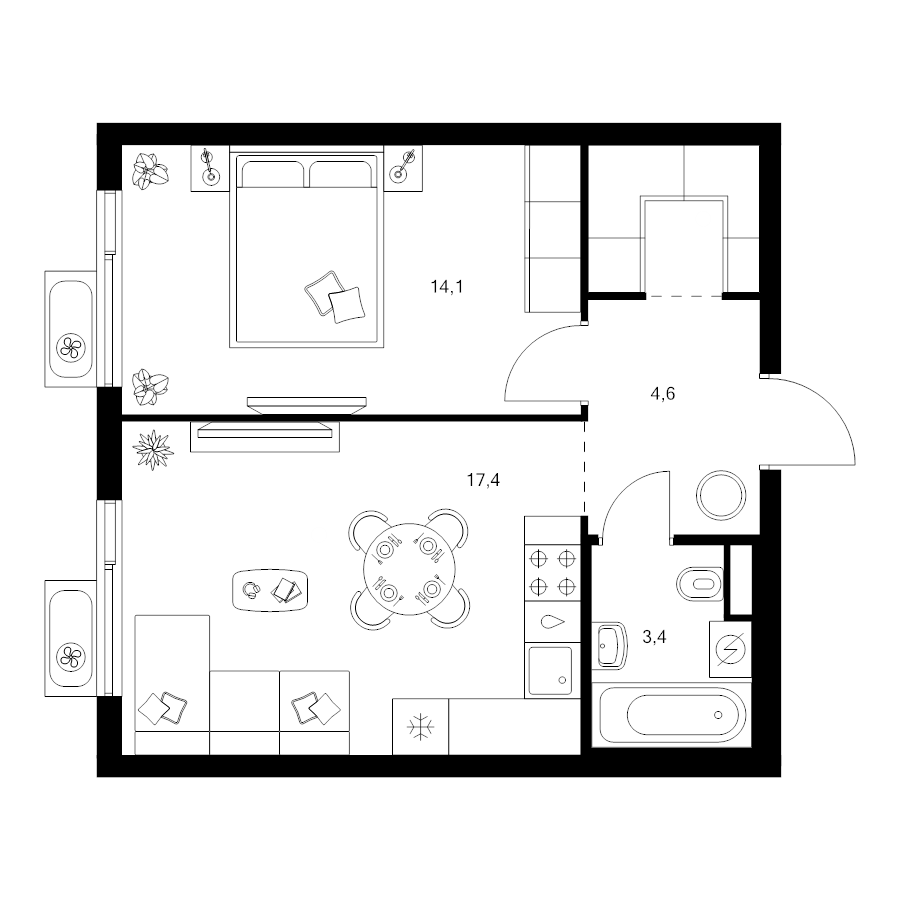 2 ккв (Евро) 42,4 м²