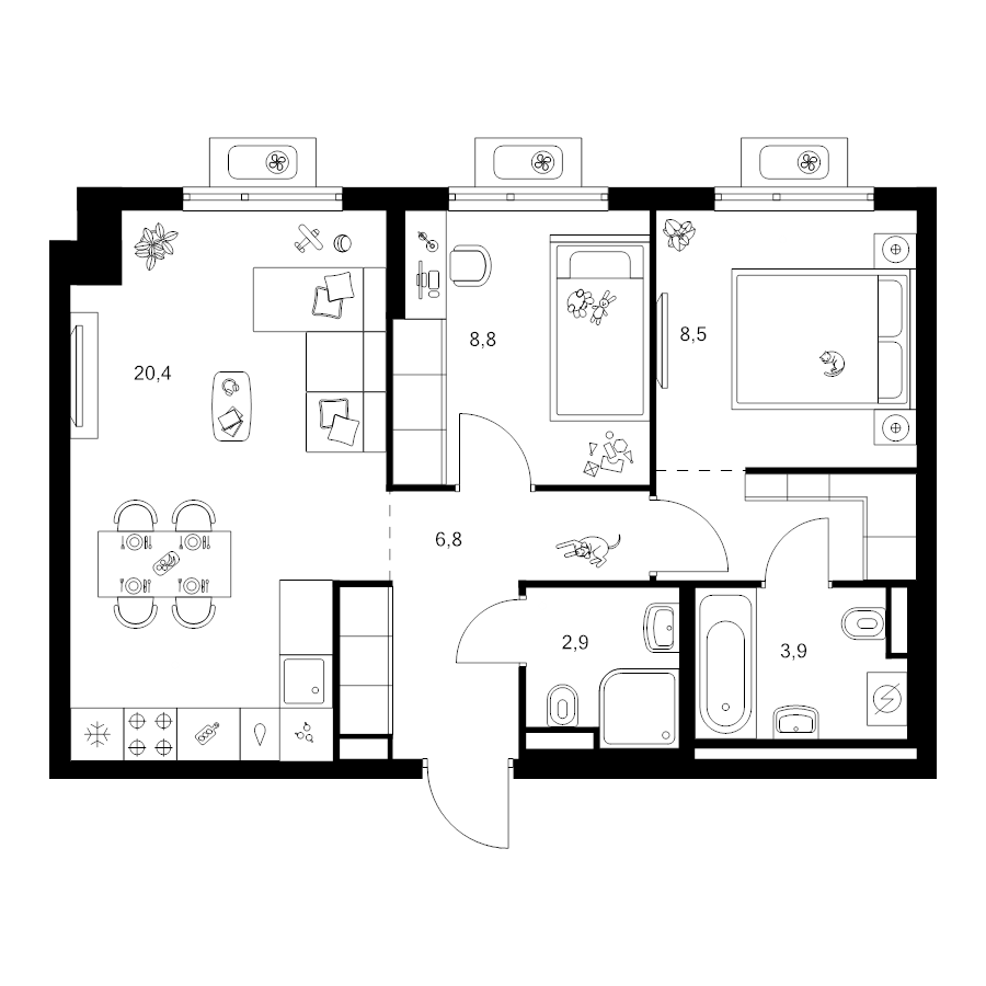 3 ккв (Евро) 54,8 м²