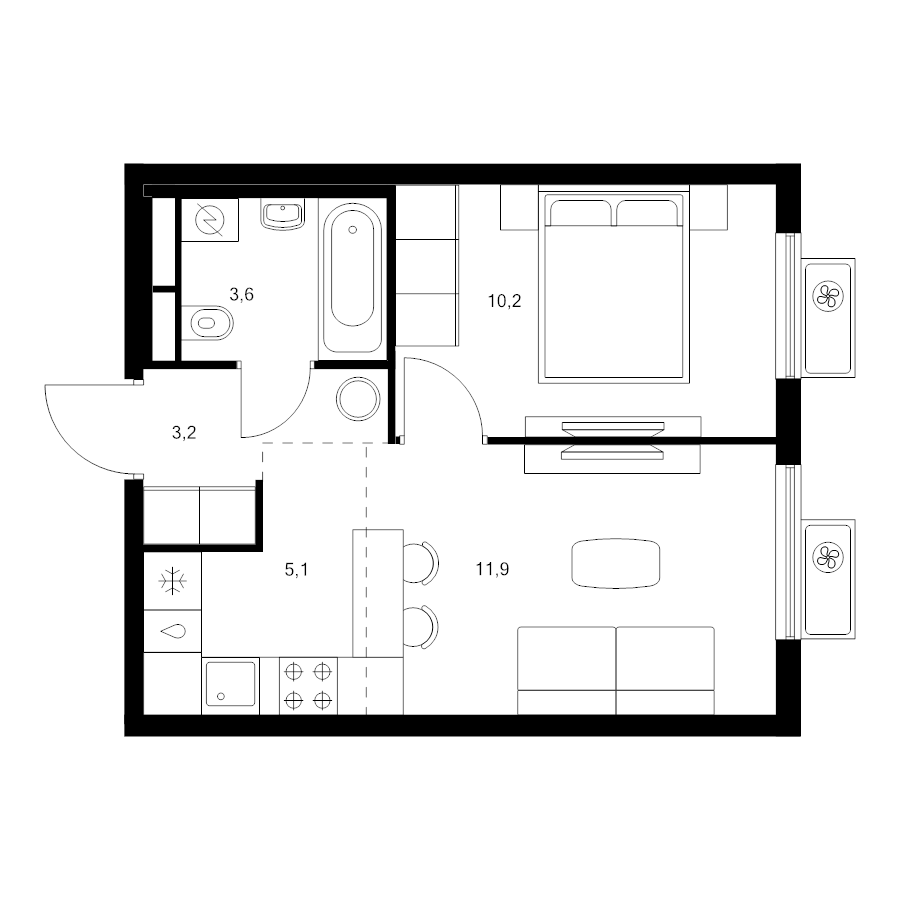 2 ккв (Евро) 34 м²