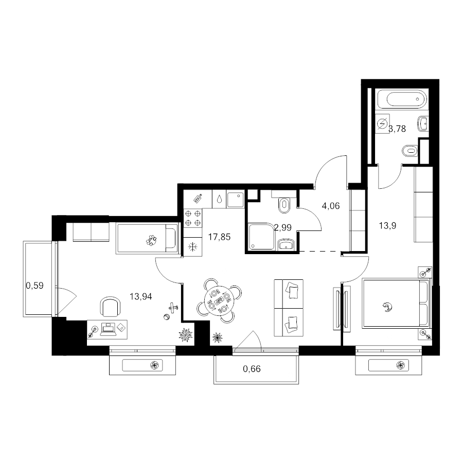 3 ккв (Евро) 58 м²