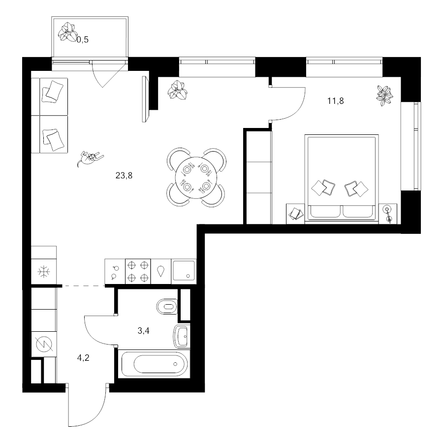 2 ккв (Евро) 43,8 м²