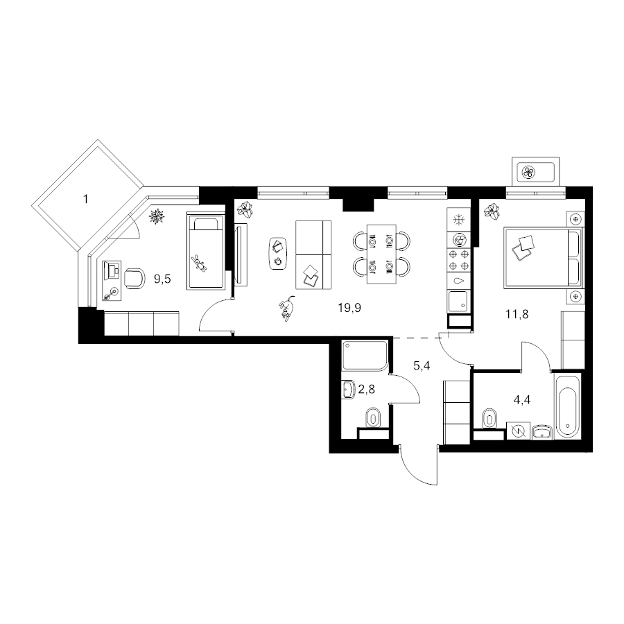 3 ккв (Евро) 54,8 м²