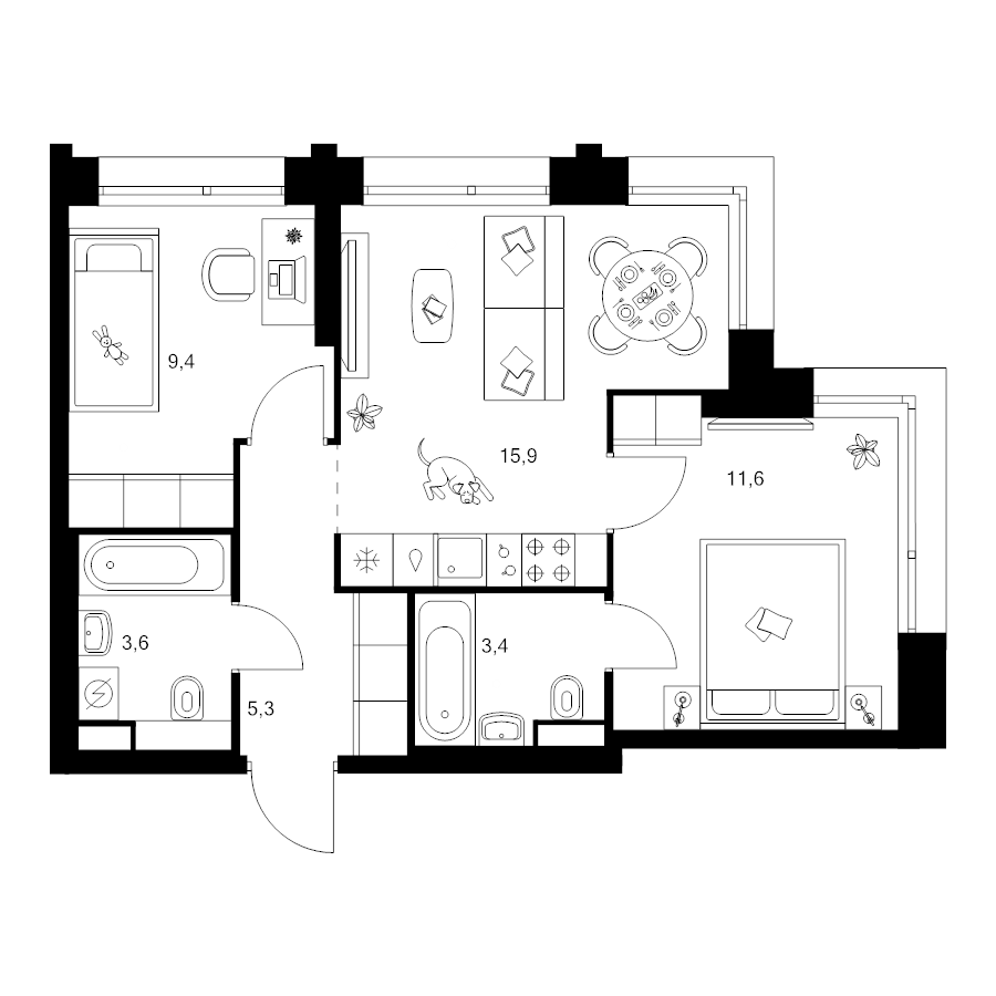 3 ккв (Евро) 49,3 м²
