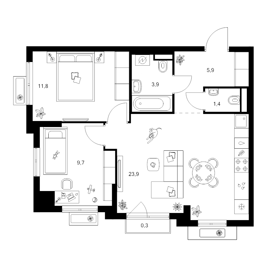 3 ккв (Евро) 56,9 м²