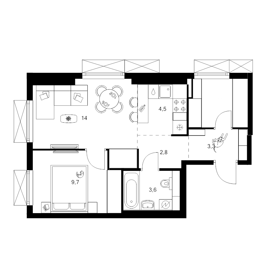 2 ккв (Евро) 43 м²