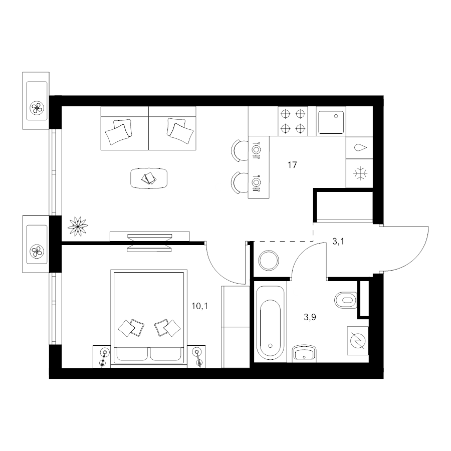 2 ккв (Евро) 34,1 м²