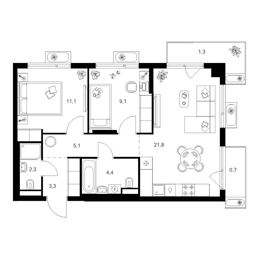 3 ккв (Евро) 59,3 м²