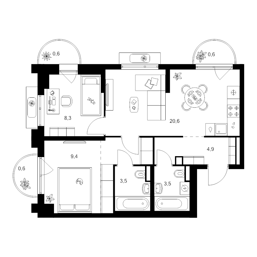3 ккв (Евро) 56,7 м²