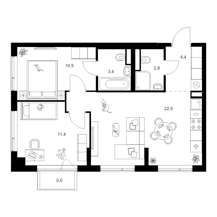 3 ккв (Евро) 56 м²