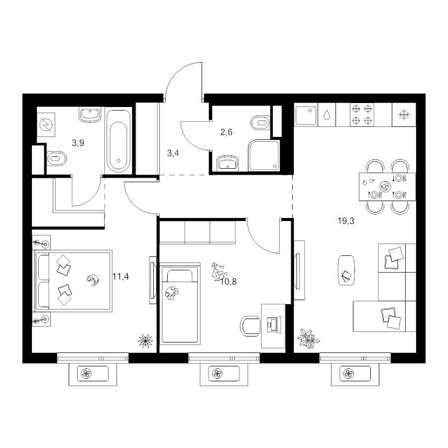3 ккв (Евро) 57,1 м²