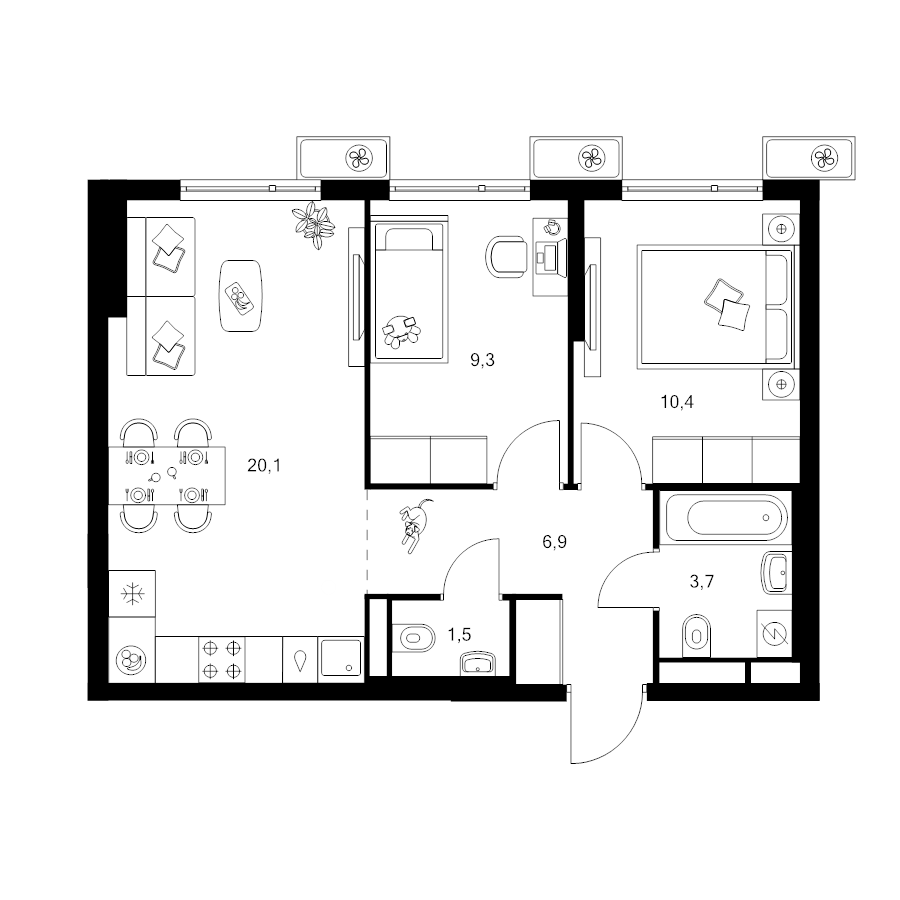 3 ккв (Евро) 51,9 м²