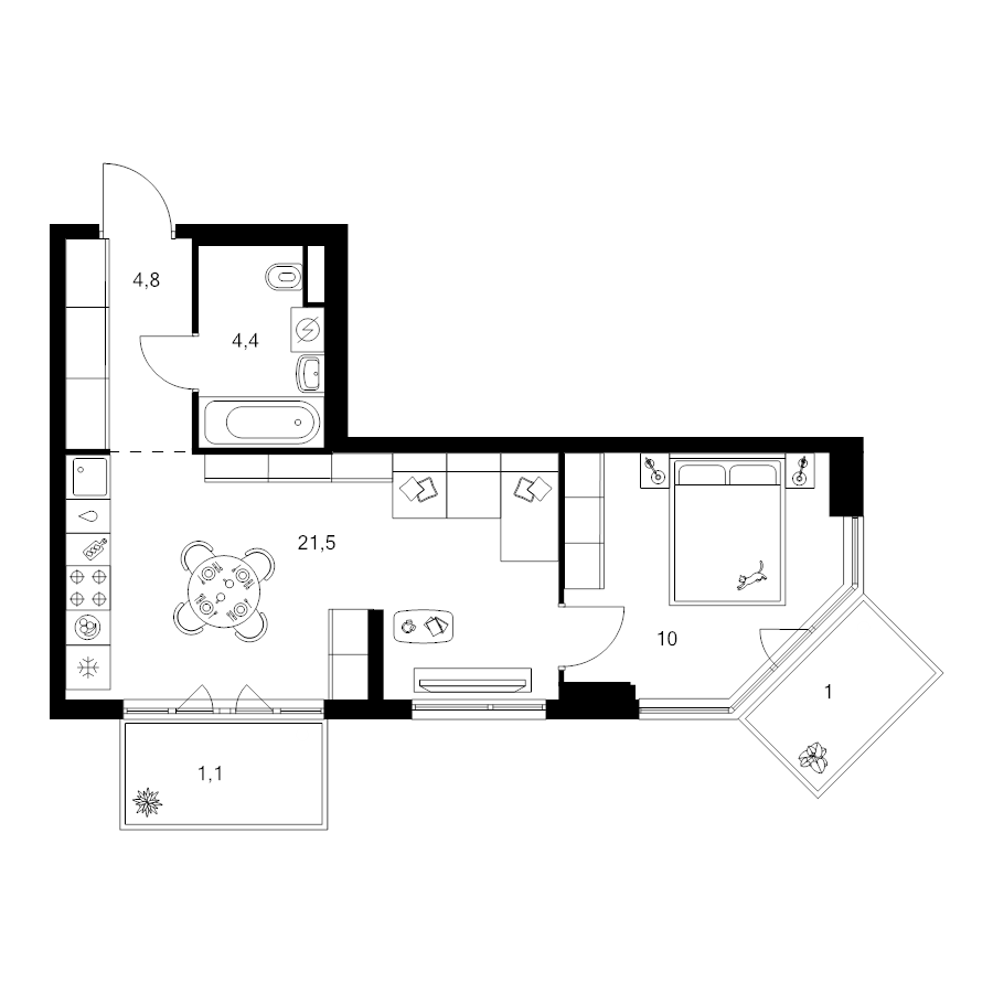 2 ккв (Евро) 42,8 м²