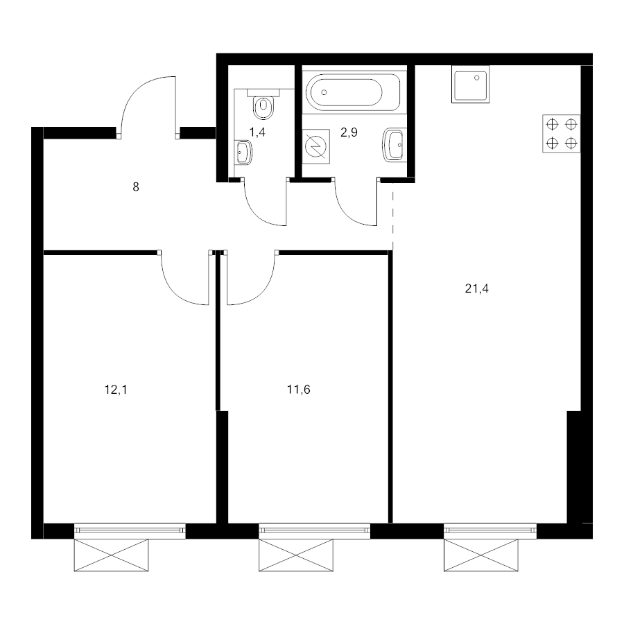 3 ккв (Евро) 56,4 м²