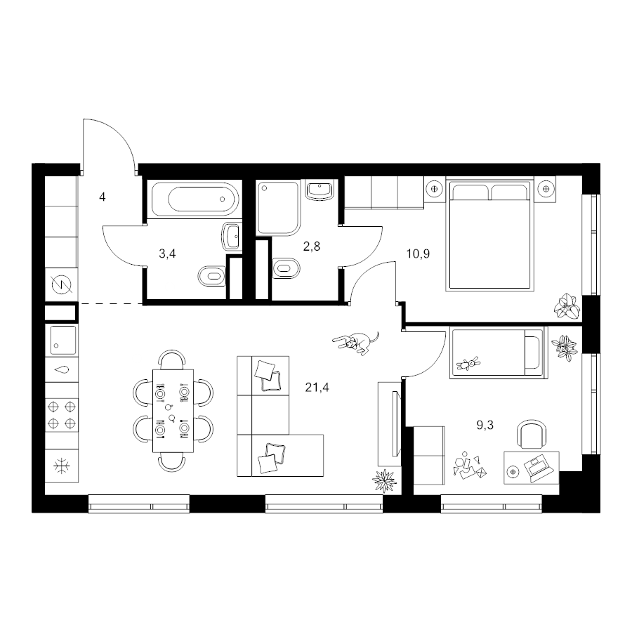 3 ккв (Евро) 51,8 м²