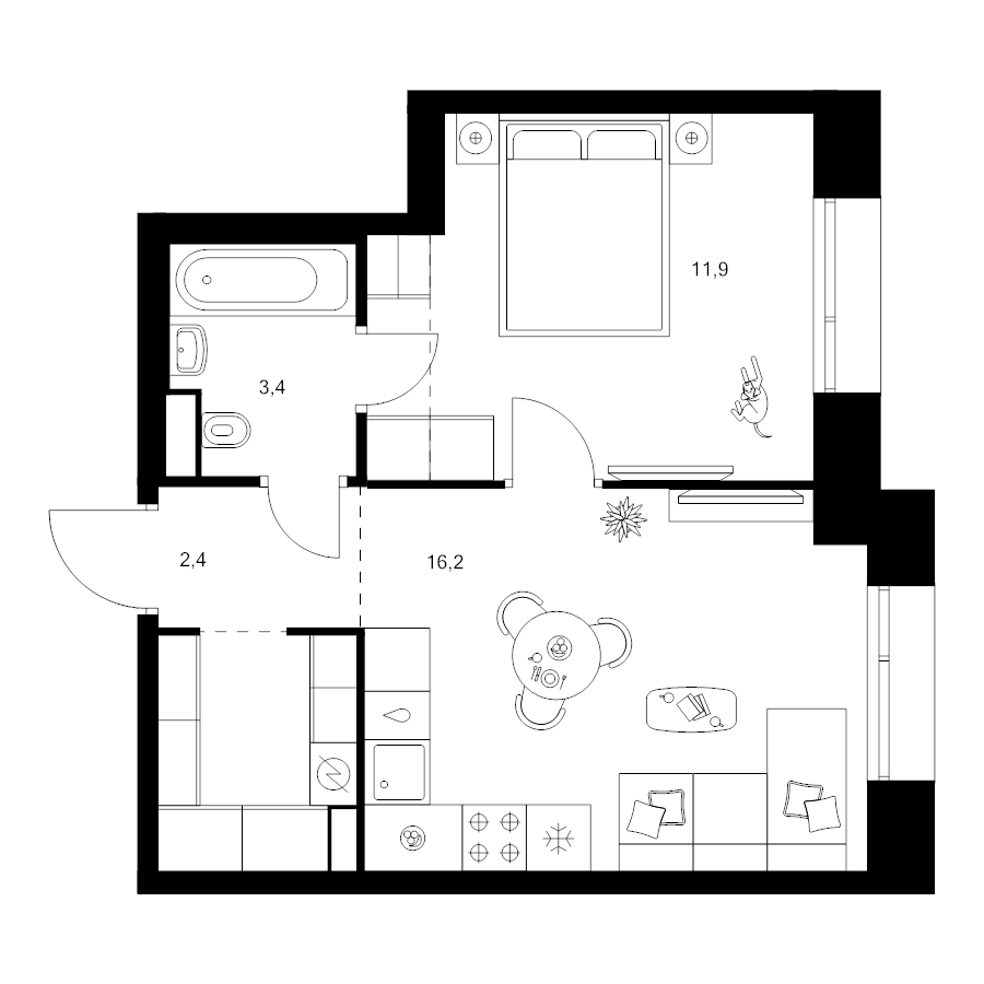 2 ккв (Евро) 39 м²