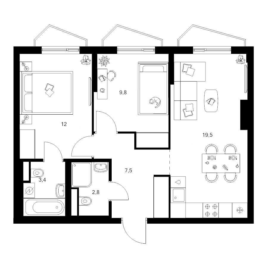 3 ккв (Евро) 55 м²