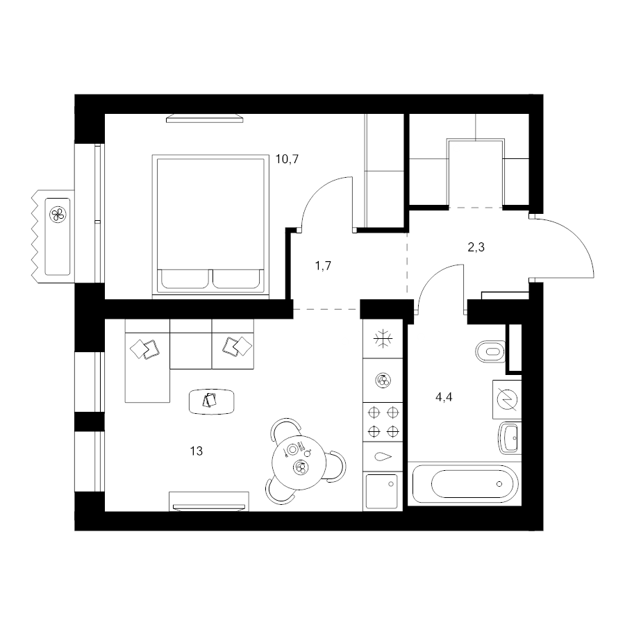 1 ккв 34,6 м²