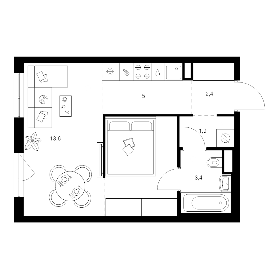 1 ккв 34,3 м²