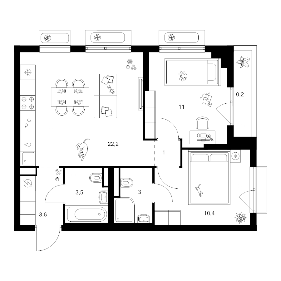 3 ккв (Евро) 55,6 м²