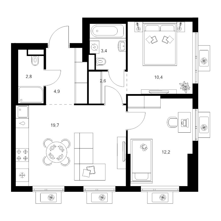 3 ккв (Евро) 56 м²