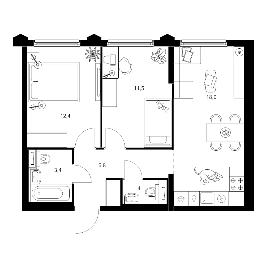 3 ккв (Евро) 54,4 м²