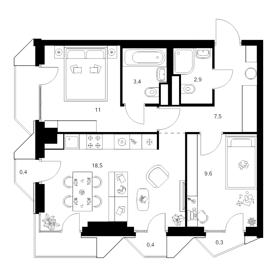 3 ккв (Евро) 55,2 м²