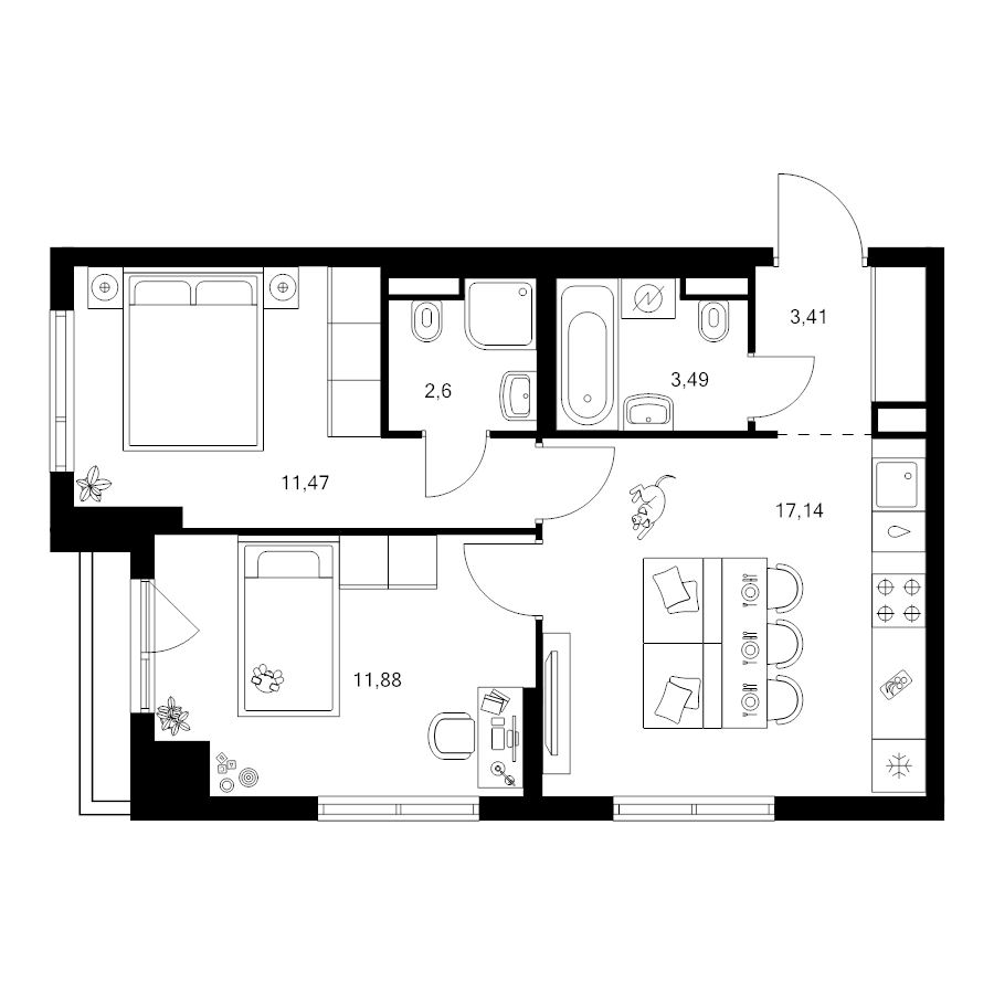 3 ккв (Евро) 50 м²
