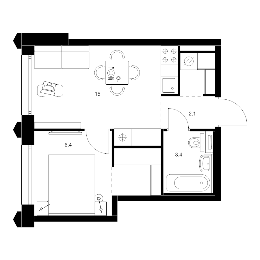 2 ккв (Евро) 33,4 м²