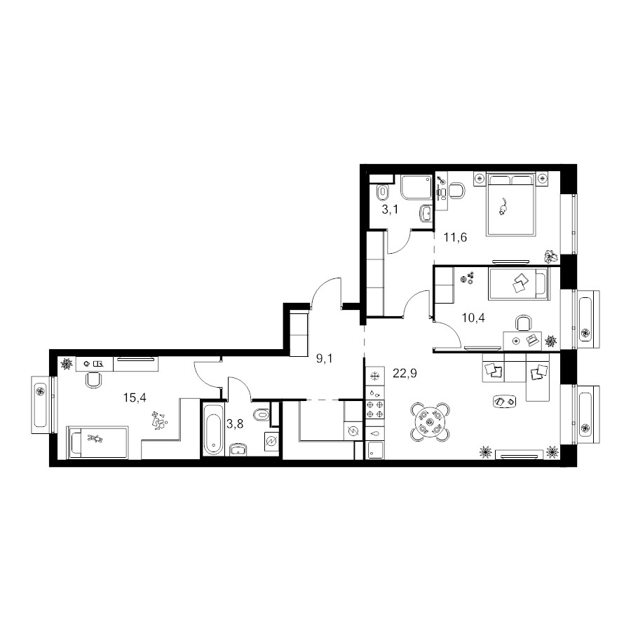 4 ккв (Евро) 86,4 м²