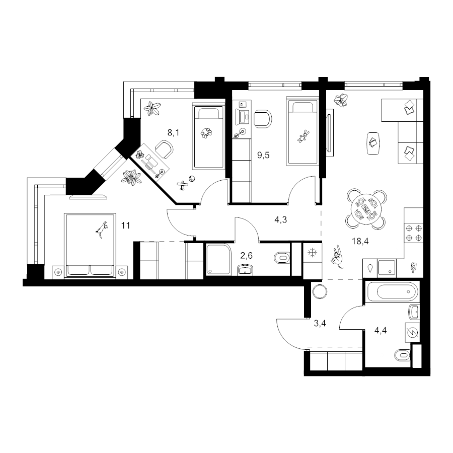 4 ккв (Евро) 65,3 м²