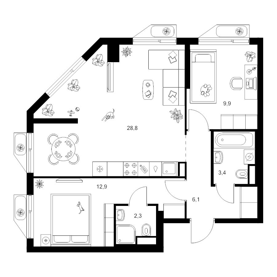 3 ккв (Евро) 63,3 м²