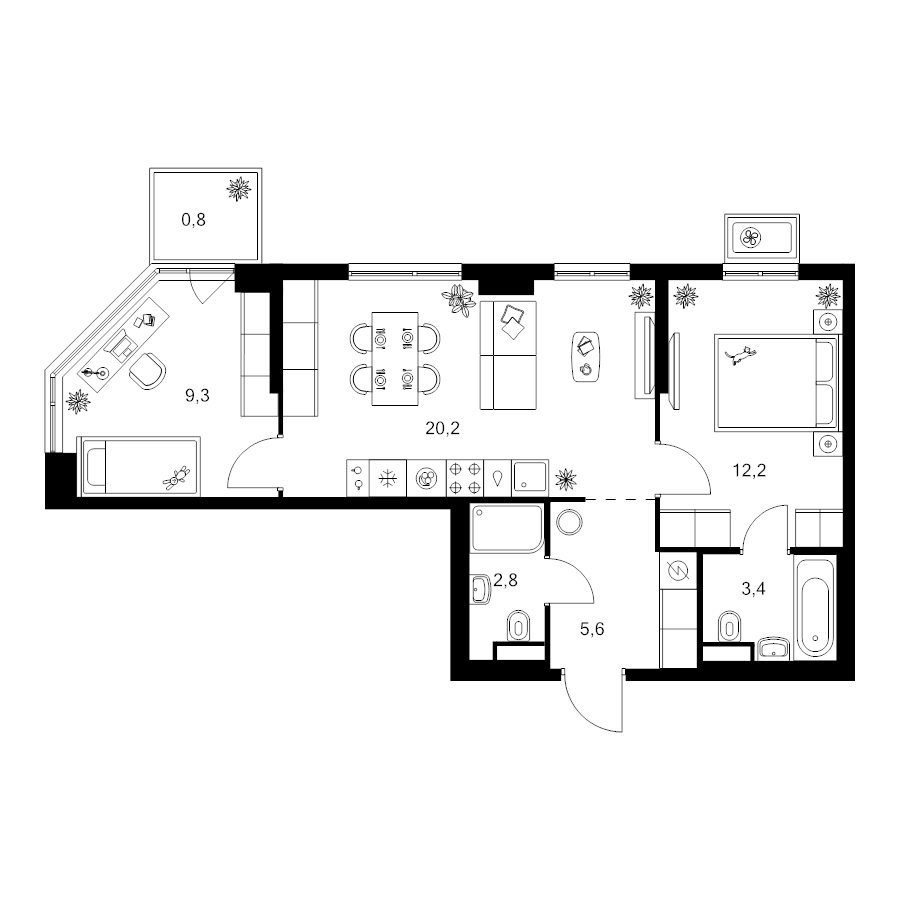 3 ккв (Евро) 54,3 м²
