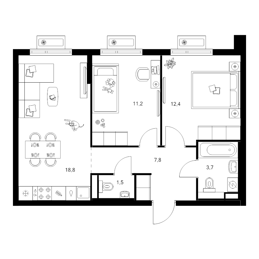 3 ккв (Евро) 55,4 м²