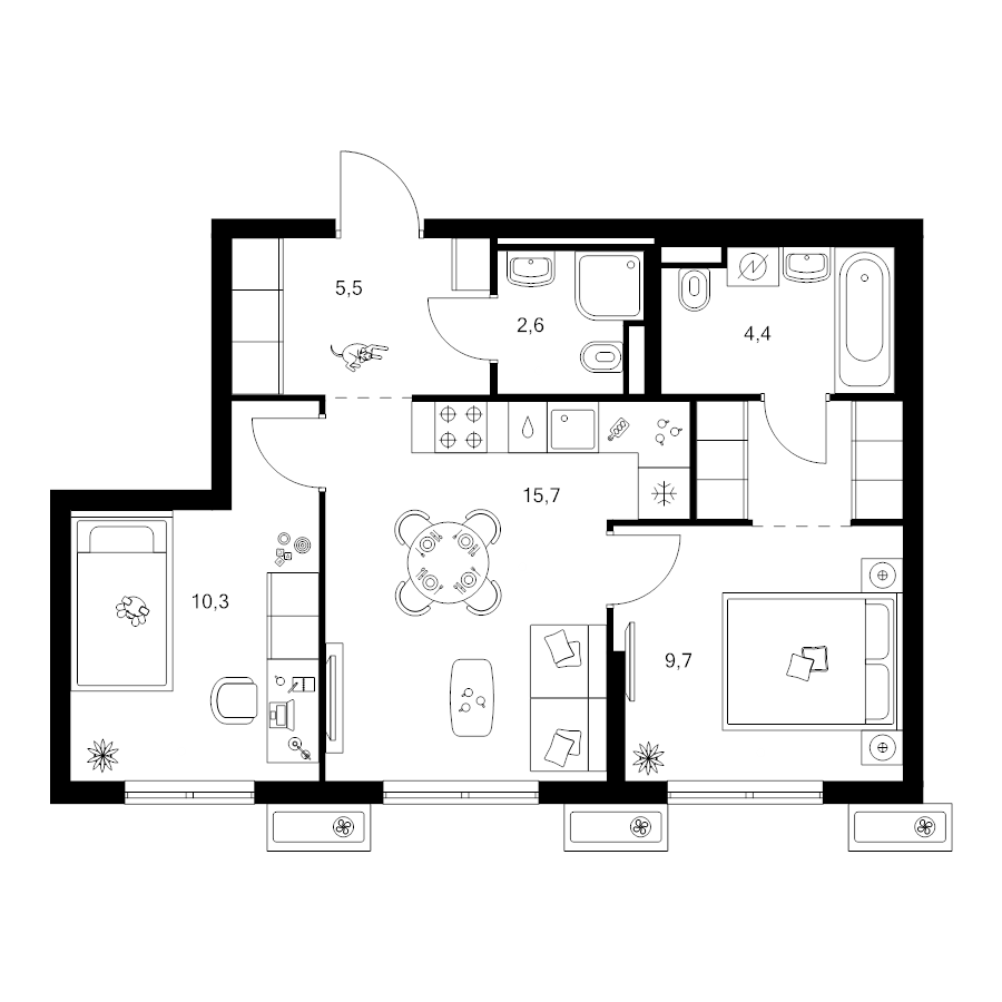 3 ккв (Евро) 51,6 м²