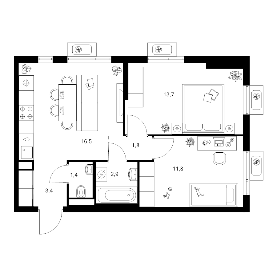 3 ккв (Евро) 51,5 м²