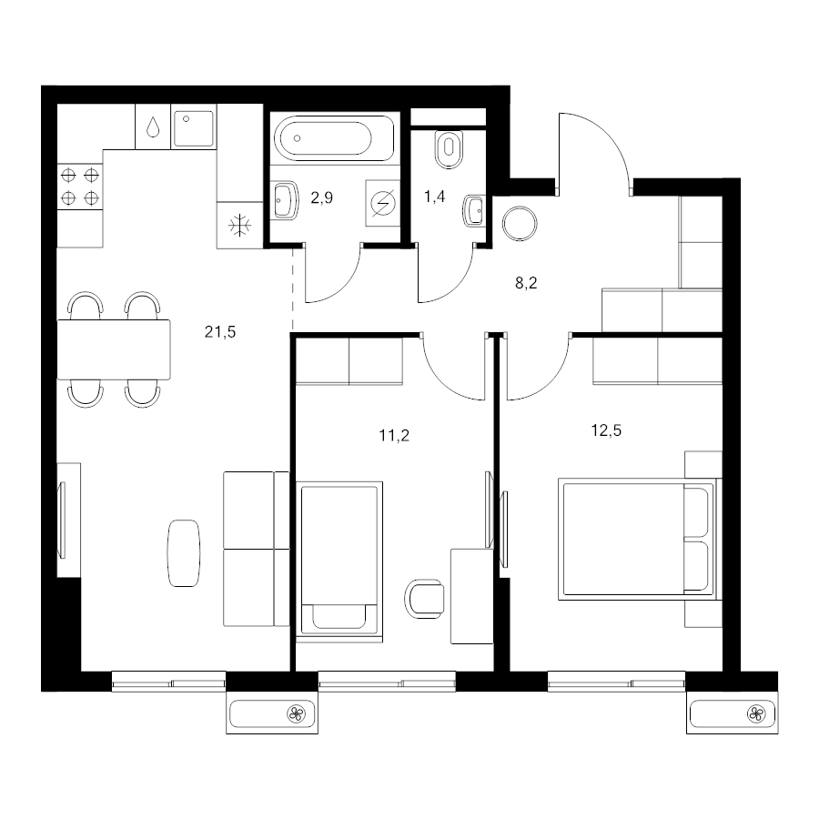 3 ккв (Евро) 57,7 м²